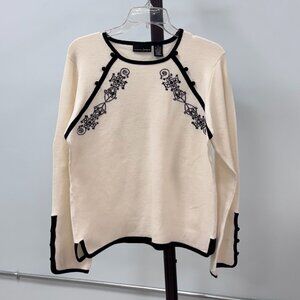 Relativity Cream with Black Embroidery Sweater & Button Cuffs Size Medium